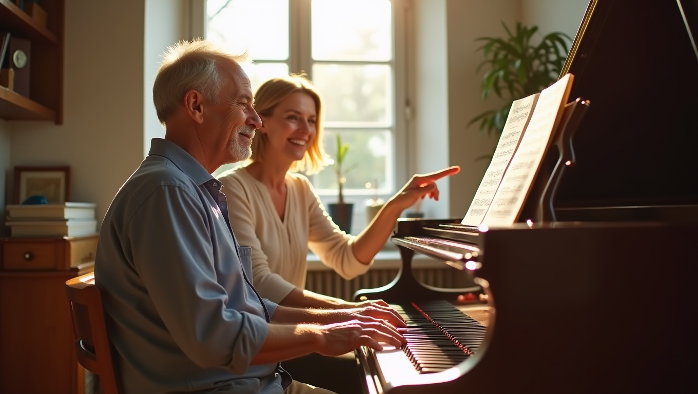 A retiree taking a music lesson
